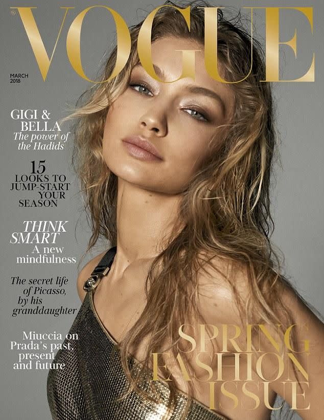 Gigi shared her March 2018 British Vogue cover to her Instagram. Source: British Vogue