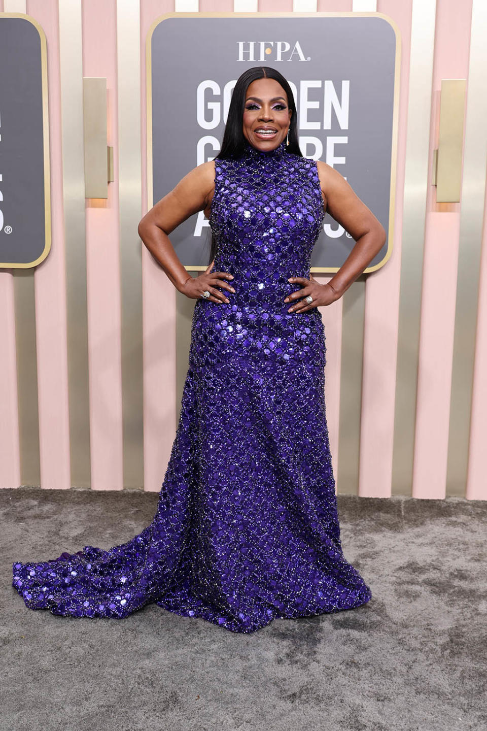 Sheryl Lee Ralph Sparkles in LaserCut Purple Crystal Dress & Platform