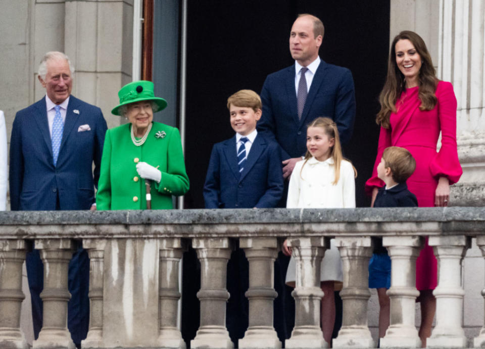 King Charles, Queen Elizabeth II, Prince George. Prince William, Princess Charlotte, Prince Louis and Kate Middleton