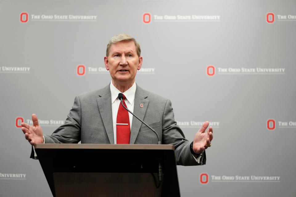 Walter E. "Ted" Carter Jr. speaks to reporters on Tuesday, Aug. 22, 2023 after the Ohio State University Board of Trustees named him the school’s 17th president.