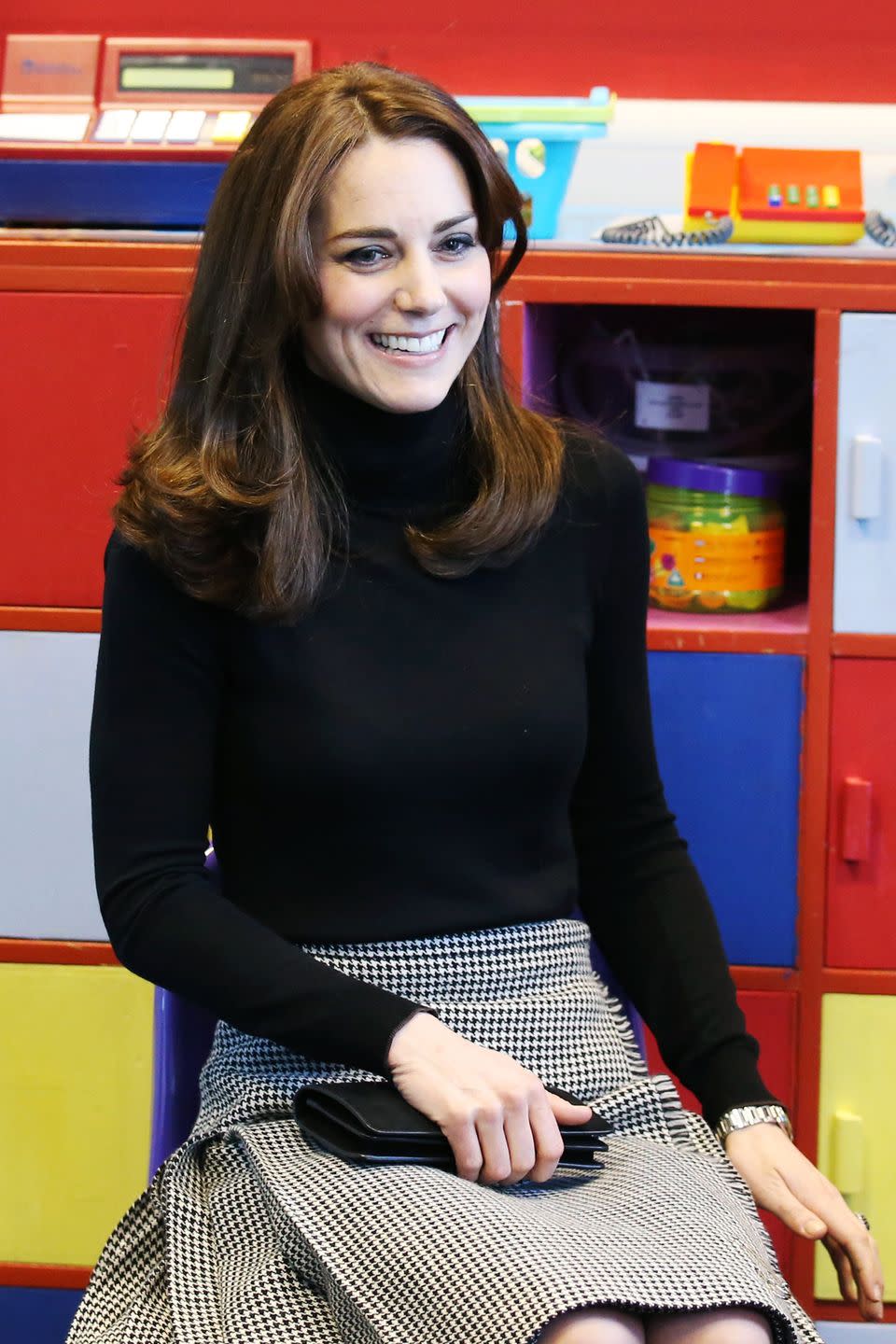 <p>In accord with Scottish fashion, the Duchess also wore a kilt by new brand <a href="http://lekilt.co.uk/shop/classic-houndstooth-long" rel="nofollow noopener" target="_blank" data-ylk="slk:Le Kilt;elm:context_link;itc:0;sec:content-canvas" class="link ">Le Kilt</a>, as she made her first stop at St. Catherine's Primary School. </p>