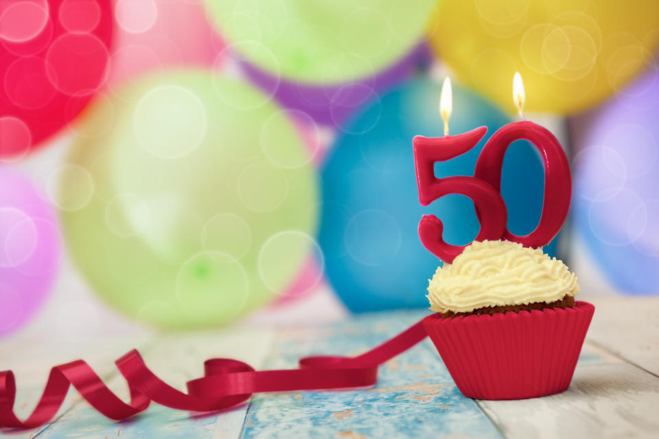 Candle on top of birthday cupcake, celebration of fiftieth birthday