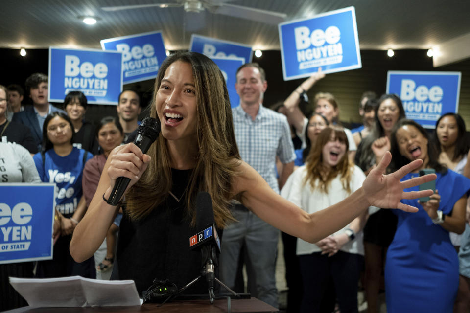 CORRECTS MONTH TO JUNE INSTEAD OF JANUARY - Georgia State Rep. Bee Nguyen gives a victory speech Tuesday, June 21, 2022, in Atlanta, after winning a runoff election to be the Democratic candidate for Georgia Secretary of State. (AP Photo/Ben Gray)