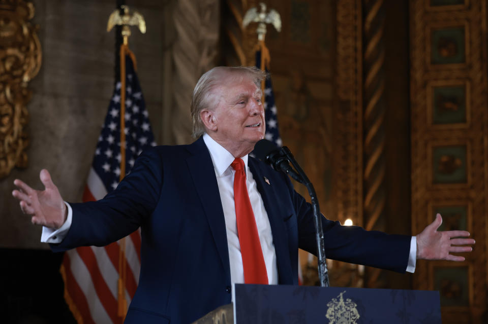 PALM BEACH, FLORIDA - AUGUST 08: Republican presidential candidate former President Donald Trump speaks during a press conference at Mr. Trump's Mar-a-Lago estate on August 08, 2024, in Palm Beach, Florida. Polls currently show a close race between Trump and Democratic presidential candidate, U.S. Vice President Kamala Harris.  (Photo by Joe Raedle/Getty Images)