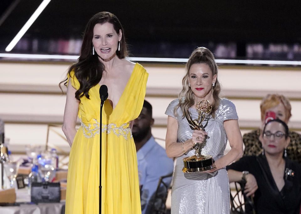 Geena Davis, left, and Madeline Di Nonno accept the Governors award on behalf of the Geena Davis Institute on Gender in Media at the 74th Primetime Emmy Awards on Monday, Sept. 12, 2022, at the Microsoft Theater in Los Angeles. (AP Photo/Mark Terrill)