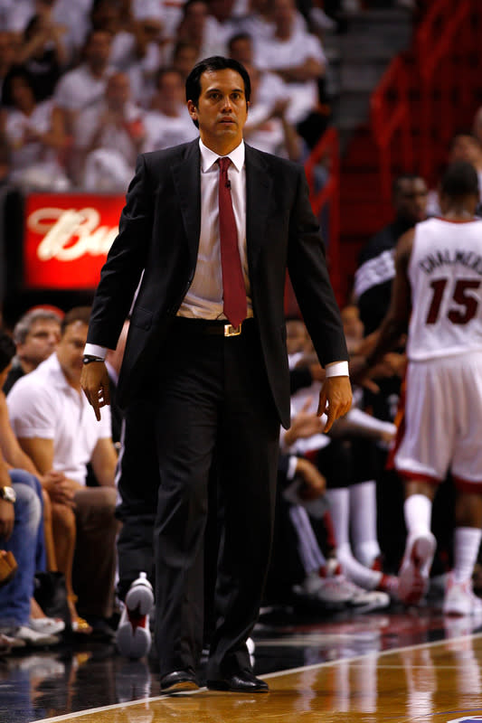 MIAMI, FL - MAY 30: Erik Spoelstra of the Miami Heat looks on against the Boston Celtics in Game Two of the Eastern Conference Finals in the 2012 NBA Playoffs on May 30, 2012 at American Airlines Arena in Miami, Florida. NOTE TO USER: User expressly acknowledges and agrees that, by downloading and or using this photograph, User is consenting to the terms and conditions of the Getty Images License Agreement. (Photo by Mike Ehrmann/Getty Images)