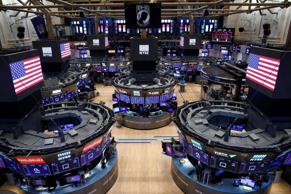 The floor of the New York Stock Exchange (NYSE) stands empty as the building prepares to close indefinitely due to the coronavirus disease (COVID-19) outbreak in New York, U.S., March 20, 2020.  REUTERS/Lucas Jackson