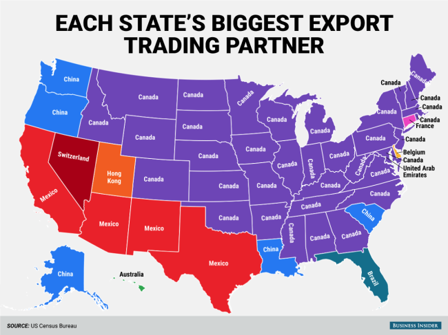 This 2015 graphic from Business Insider began circulating online again this week in light of Trump's plans for continental trade. The major partners for some states have changed since it was published, but Canada still remains a dominant partner. (Business Insider)