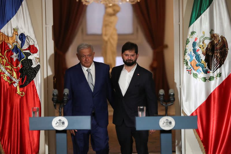 Chile's President Gabriel Boric and Mexico's President Andres Manuel Lopez Obrador meet at La Moneda government palace in Santiago