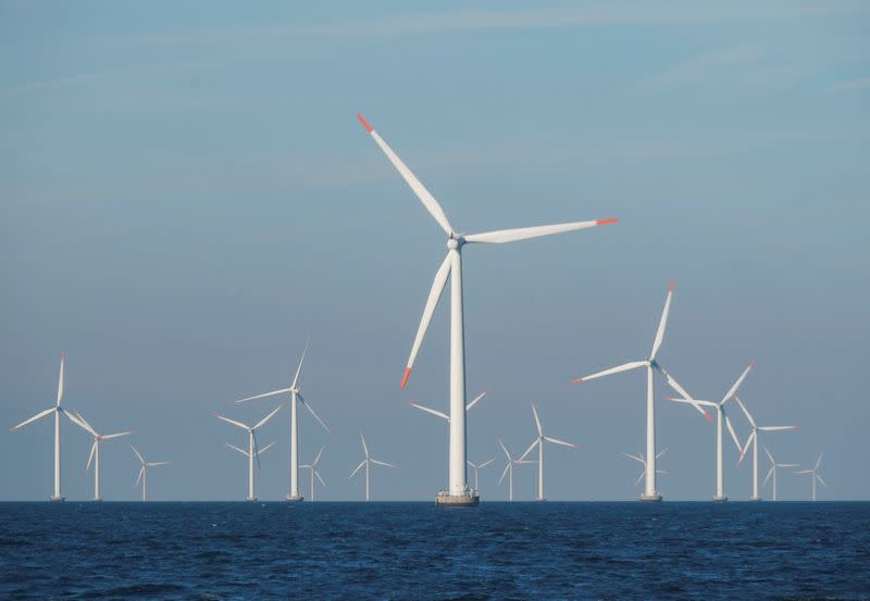 FILE PHOTO: A view of the turbines at Orsted's offshore wind farm near Nysted