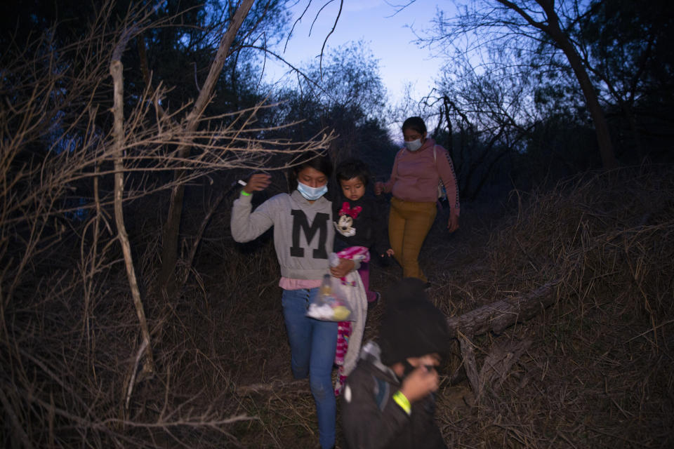 Familias de migrantes, generalmente centroamericanos, caminan entre arbustos tras ingresar a EEUU cerca de Roma, Texas, luego de cruzar el río Bravo en botes inflables el 24 de marzo del 2021. El plan es entregarse a las autoridades y pedir asilo. (AP Photo/Dario Lopez-Mills)