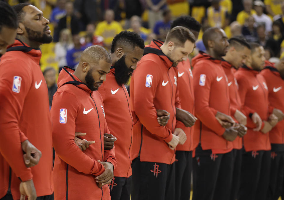 The Rockets observed a moment of silence for the victims of the Santa Fe High School shooting before Game 3. (AP)