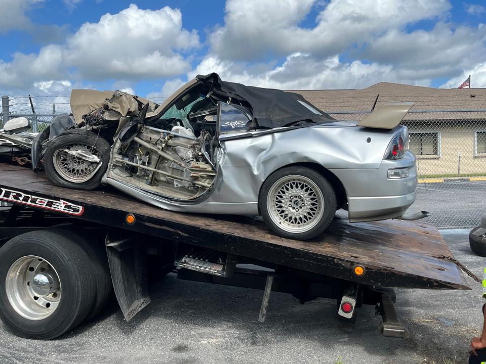 Two occupants of this 2002 Mitsubishi Eclipse were airlifted to hospitals after Sunday's DUI wrong-way crash on U.S. 1 in Titusville.