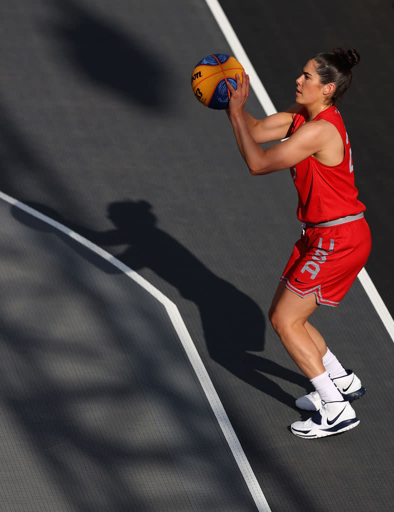 Kelsey Plum of Team USA practices in 3x3 basketball at Aomi Urban Sports Park ahead of the Tokyo 2020 Olympic Games on July 22, 2021 in Tokyo, Japan.<span class="copyright">Christian Petersen—Getty Images</span>