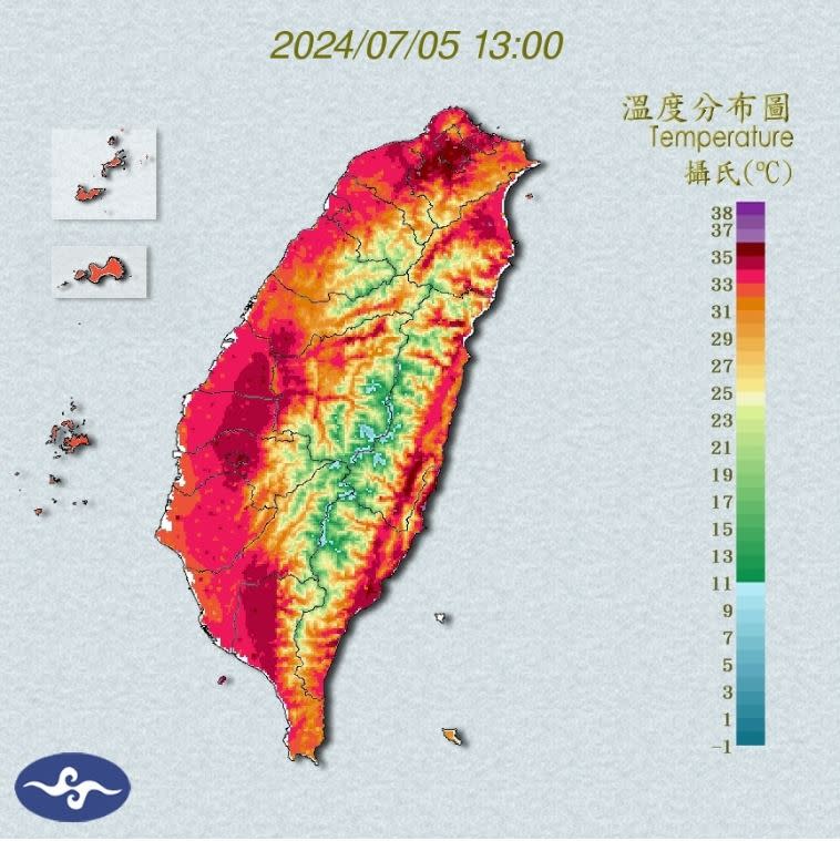 中午全台飆高溫，熱成一顆紅番薯。（圖／翻攝自氣象署）