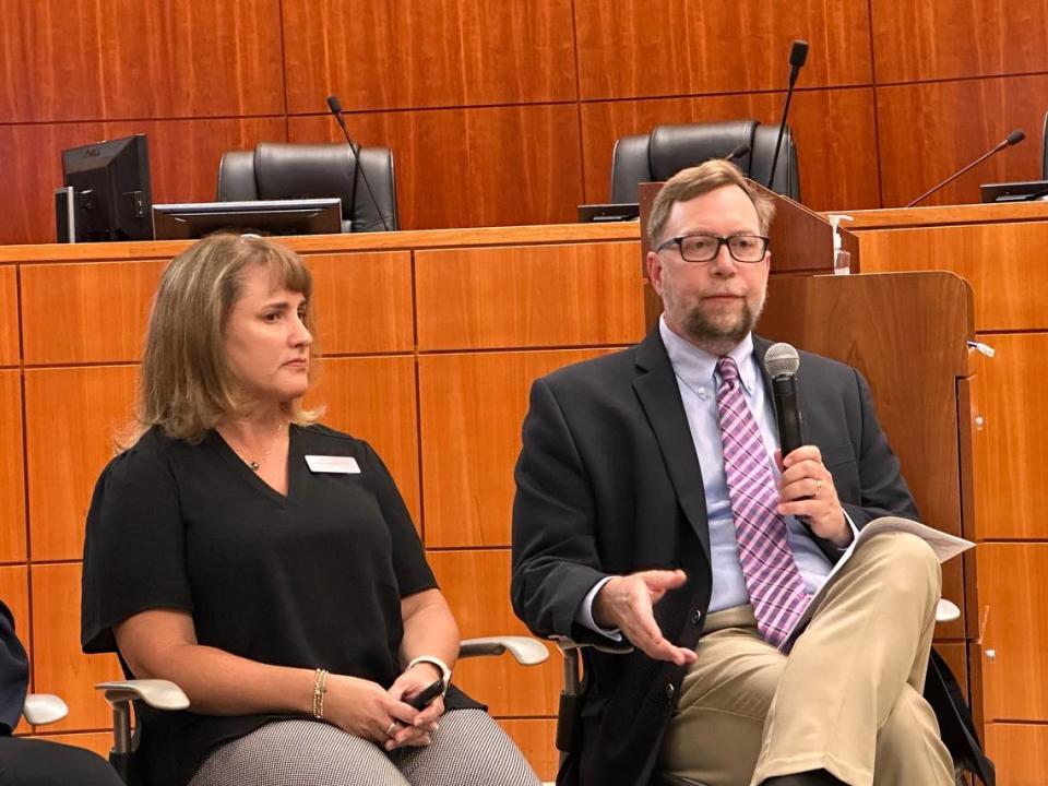 Radiology Associates Chief Administrative Officer Marci Miller and Planning and Building Department Director Trevor Keith discuss the Lean Sigma Six program on Tuesday, July 25, 2023. Courtesy of Jeanette Trompeter