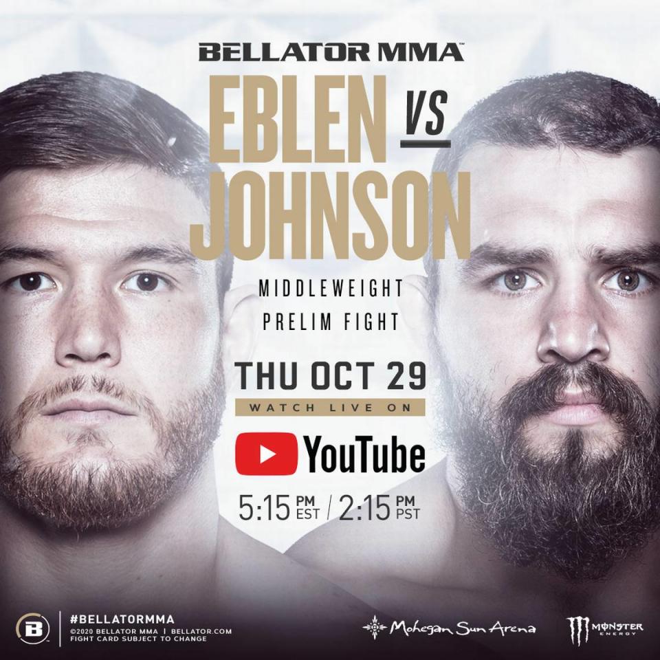 Middleweight “Soldier Boy” Johnny Eblen (6-0) of American Top Team fights Taylor Johnson (6-1) during Bellator 250 on Thursday, Oct. 30 live on CBS Sports Network from the Mohegan Sun Arena in Uncasville, Connecticut.
