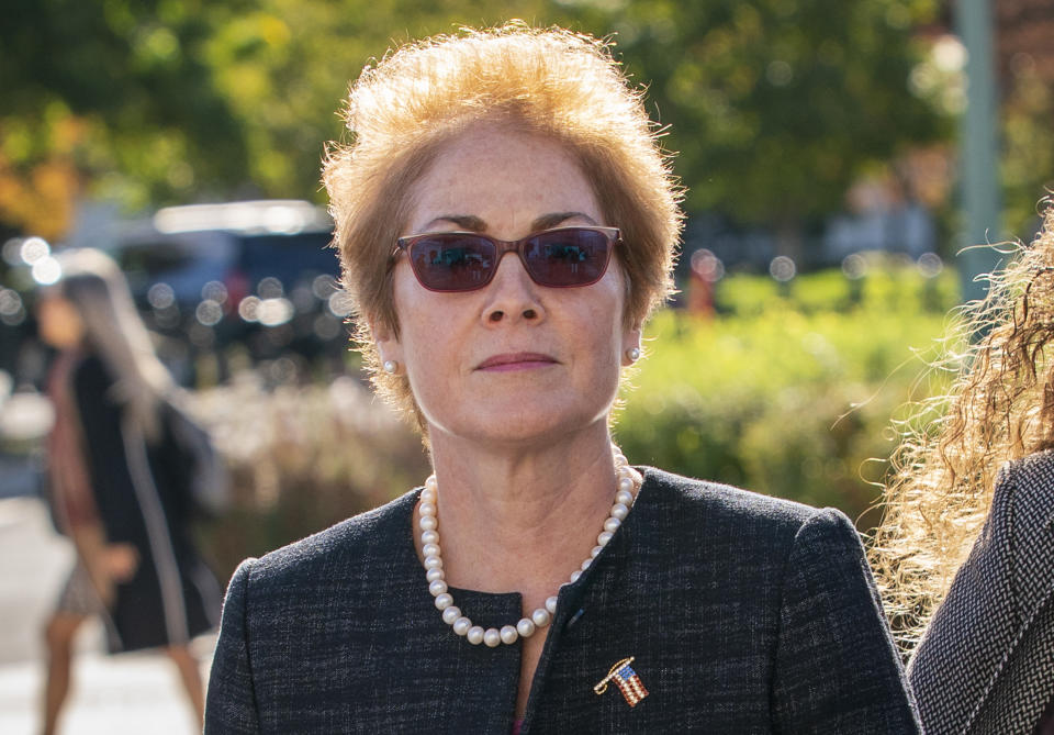 Former U.S. ambassador to Ukraine Marie Yovanovitch, arrives on Capitol Hill, Friday, Oct. 11, 2019, in Washington, as she is scheduled to testify before congressional lawmakers on Friday as part of the House impeachment inquiry into President Donald Trump. (AP Photo/J. Scott Applewhite)