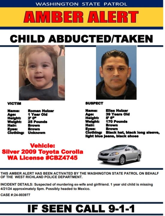 An Amber Alert was issued by Washington State Patrol, April 22, 2024 (Yakima PD FB)