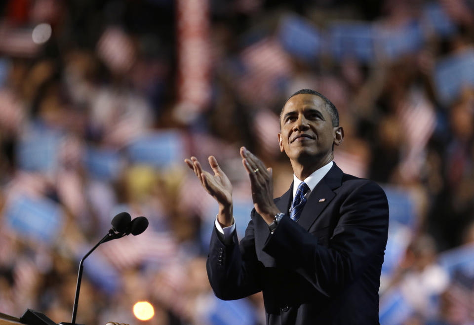 <p>President Barack Obama addresses the Democratic National Convention in Charlotte, N.C., on Sept. 6, 2012. (AP Photo/David Goldman) </p>