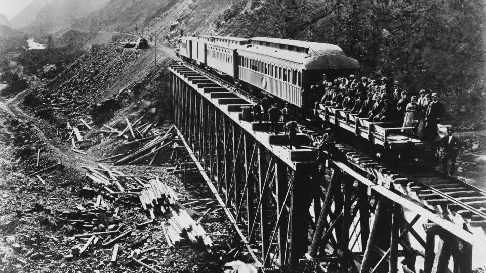 First US Transcontinental Railroad - The Golden Spike celebration Ceremony linking the Central Pacific Railroad with the Union Pacific Railroad, Weber Canyon, at Promontory Point, Utah, May 10th 1869. - Archive Photos/Getty Images