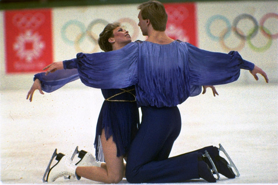 Britain's Jayne Torvill and Christopher Dean perform during their "Bolero" ice dancing routine at the Winter Olympics in Sarajevo, on Feb. 14, 1984. They won the gold medal. (AP Photo, File)