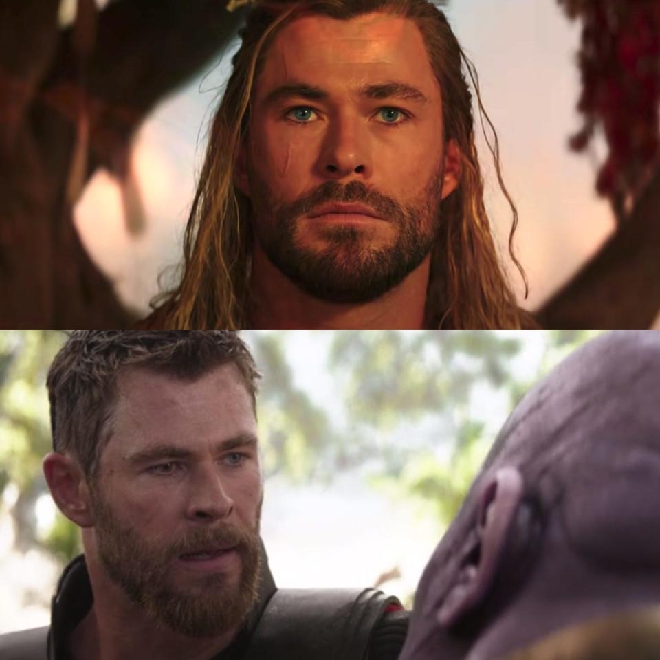 In the top image: Chris Hemsworth in "Thor: Love and Thunder." In the bottom image: Hemsworth in "Avengers: Infinity War."