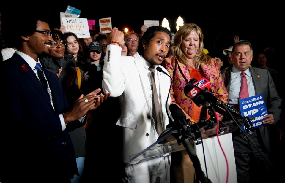 Justin Pearson, Justin Jones and Gloria Johnson speak at the State Capitol in Nashville, Tenn., following moves to expel the three of them from the House of Representatives on Thursday, April 6, 2023. Jones and Pearson were expelled while Johnson retained her seat.