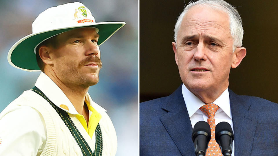 Pictured right is former Australian Prime Minister Malcolm Turnbull and Aussie cricket star David Warner on the left.