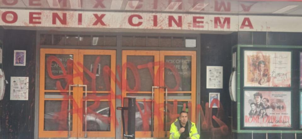 The graffiti was sprayed over the cinemas famous art deco front (@EIE2024)