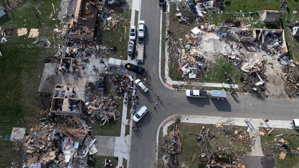 WINCHESTER, INDIANA - MARCH 15: An aerial view shows homes destroyed by a tornado on March 15, 2024 in Winchester, Indiana. At least three people have been reported killed after a series of tornadoes ripped through the midwest yesterday.