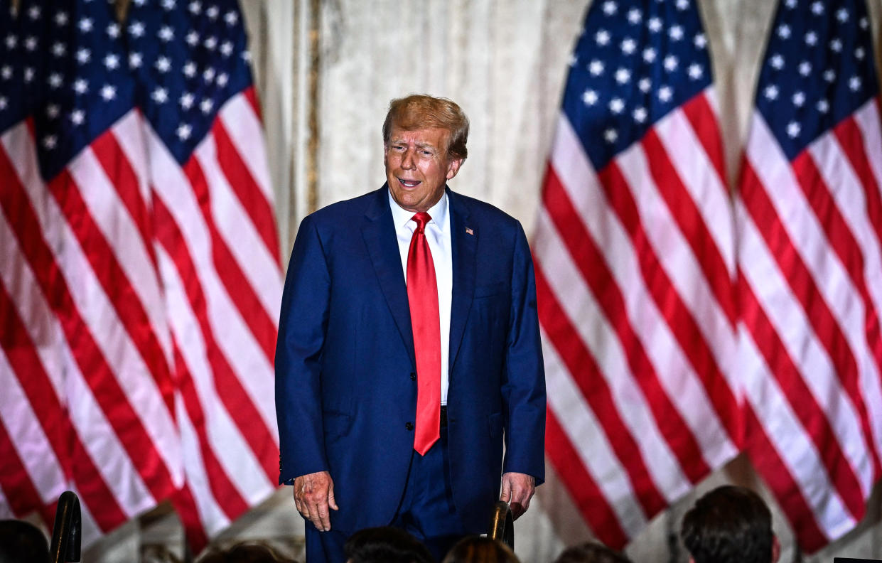 Following his court, former President Donald Trump speaks during a press conference at his Mar-a-Lago estate in Palm Beach, Fla., on April 4, 2023.  (Chandan Khanna / AFP - Getty Images)