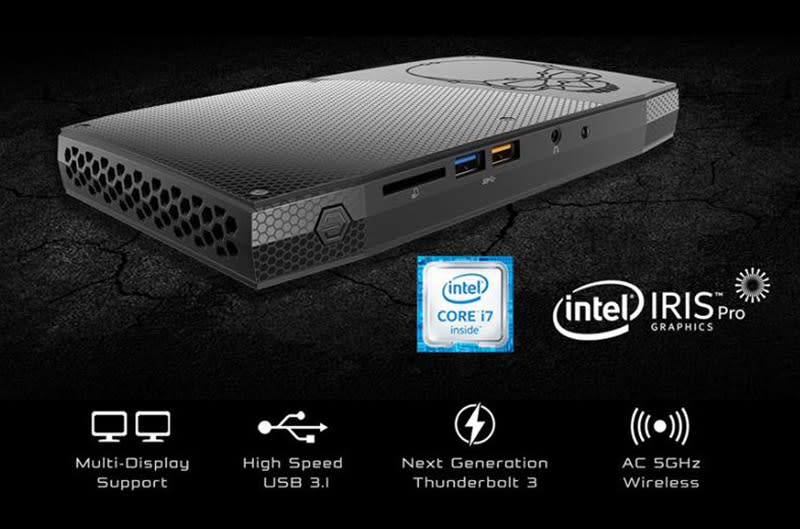 Based on the Intel Skull Canyon reference design the Aftershock Nano-S mini PC is powered by a 6th-gen Intel Core i7-6770HQ processor and Intel Iris Pro Graphics 580. It has 8GB RAM, a 250GB SSD, and supports Thunderbolt 3. Going for $1,412.