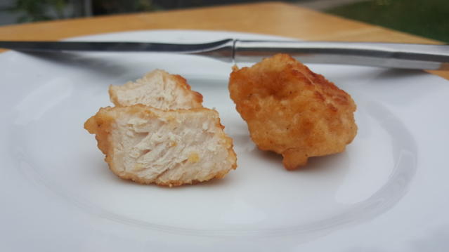 Sorry, Costco- I always bought the Just Bare brand of breaded chicken  nuggets, and thought I'd try your (Kirkland) brand for $5 less. Nope, not  even close. In fact, I have half the Kirkland bag left in my freezer and  bought the Just Bare brand a week later. The