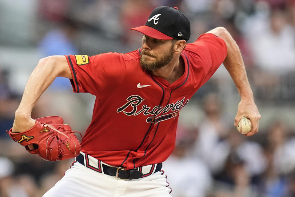 Atlanta Braves pitcher Chris Sale (51) delivers in the first inning against the Cleveland Guardians during a baseball game, Friday, April 26, 2024, in Atlanta. (AP Photo/Mike Stewart)