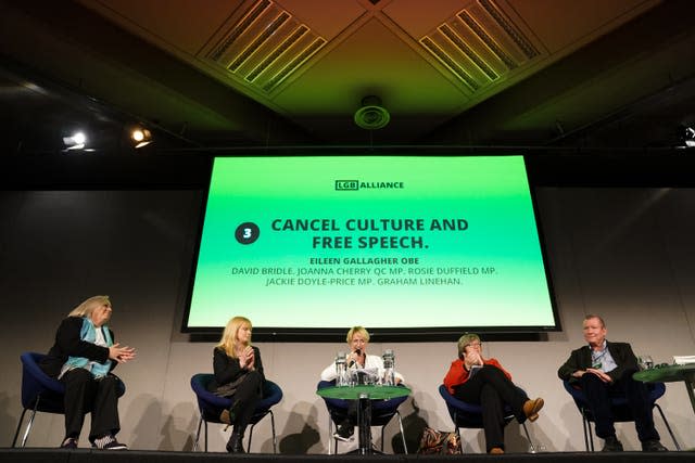 MP Rosie Duffield (2nd left), MP Joanna Cherry QC (2nd right) and writer Graham Linehan (right) during the first LGB Alliance annual conference at the Queen Elizabeth II Conference Centre in central London (Kirsty O'Connor/PA)