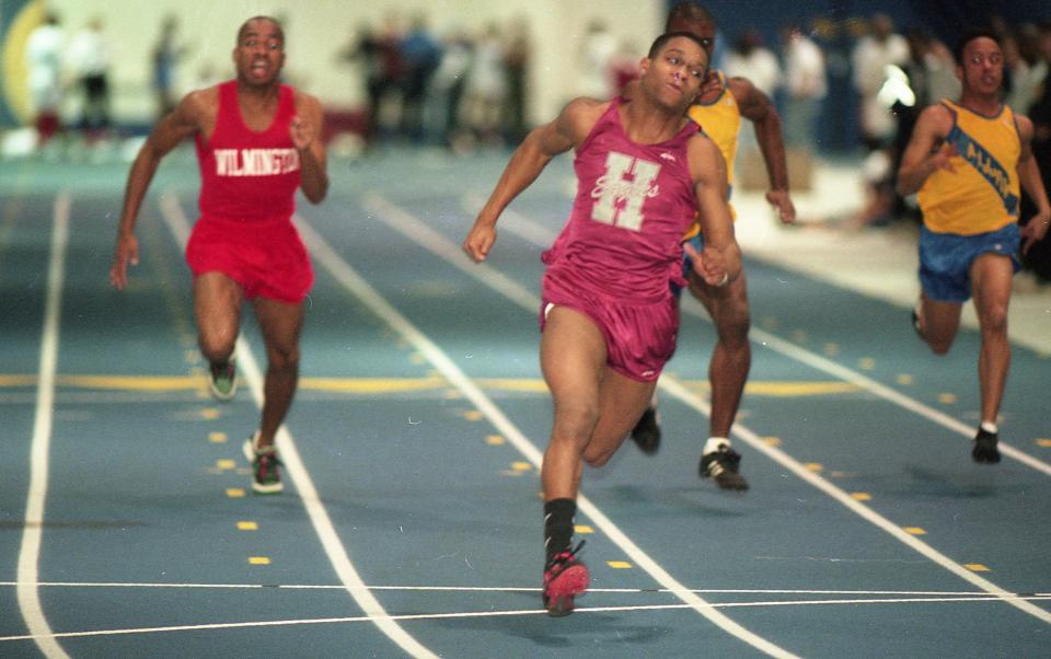 Hodgson's Dayne Ross competes at the 1997 indoor track and field state championships at the University of Delaware Fieldhouse.