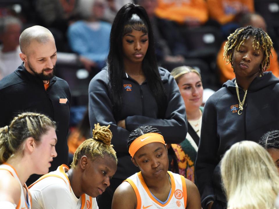 Tennessee's Rickea Jackson (2) with her teammates during a break in their NCAA college basketball game against Eastern Kentucky University on Sunday, December 10, 2023 in Knoxville, Tenn.