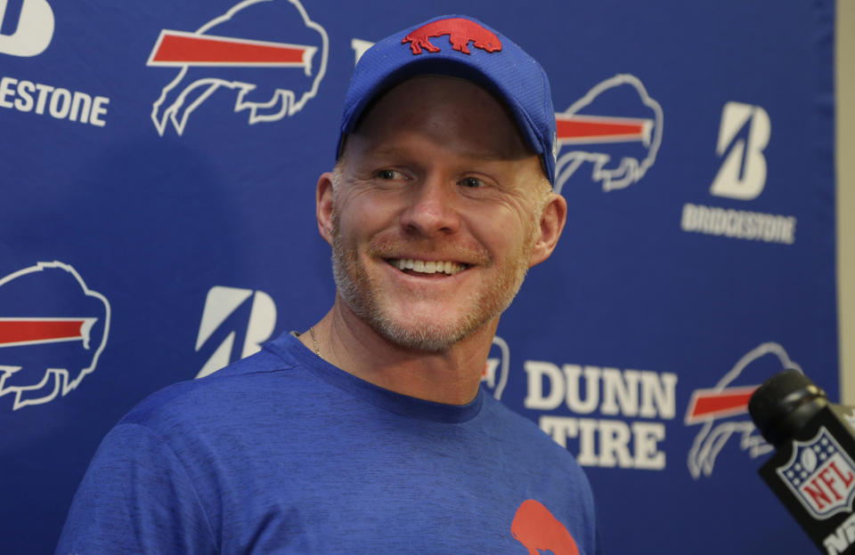 Buffalo Bills head coach Sean McDermott smiles after his team beating the Dolphins on Sunday. (AP)