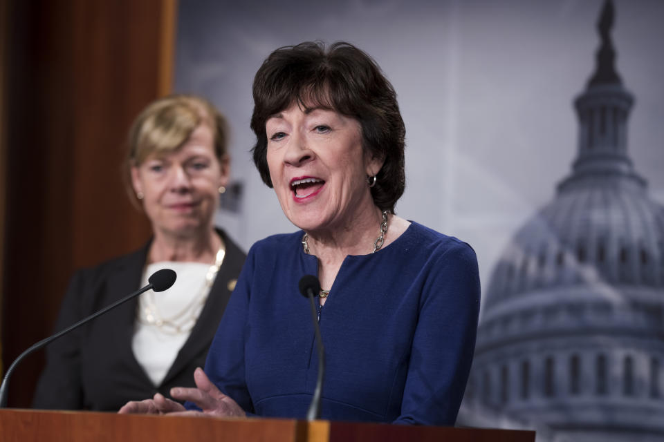 Sen. Susan Collins, R-Maine, joined at left by Sen. Tammy Baldwin, D-Wis., speaks to reporters following Senate passage of the Respect for Marriage Act, at the Capitol in Washington, Tuesday, Nov. 29, 2022. (AP Photo/J. Scott Applewhite)