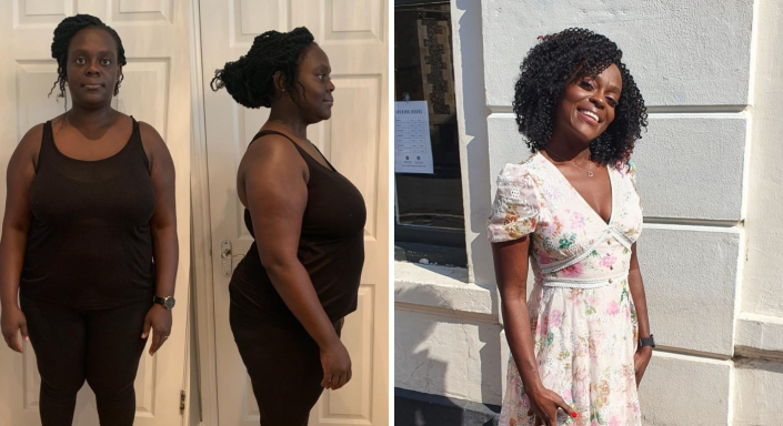 Composite before and after weight loss of Alaba Coxsone, who lost 7th place using the Cambridge Diet Plan.  (SWNS)