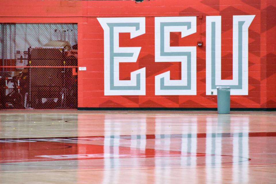 A wall in Koehler Fieldhouse reads "ESU" for East Stroudsburg University.