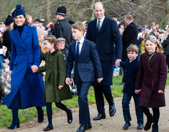 SANDRINGHAM, NORFOLK – DECEMBER 25: Catherine, Princess of Wales, Princess Charlotte of Wales, Prince George of Wales, Prince William, Prince of Wales, Prince Louis of Wales and Mia Tindall attend the Christmas Morning Service at Sandringham Church on December 25, 2023 in Sandringham, Norfolk. <em>Photo by Samir Hussein/WireImage.</em>