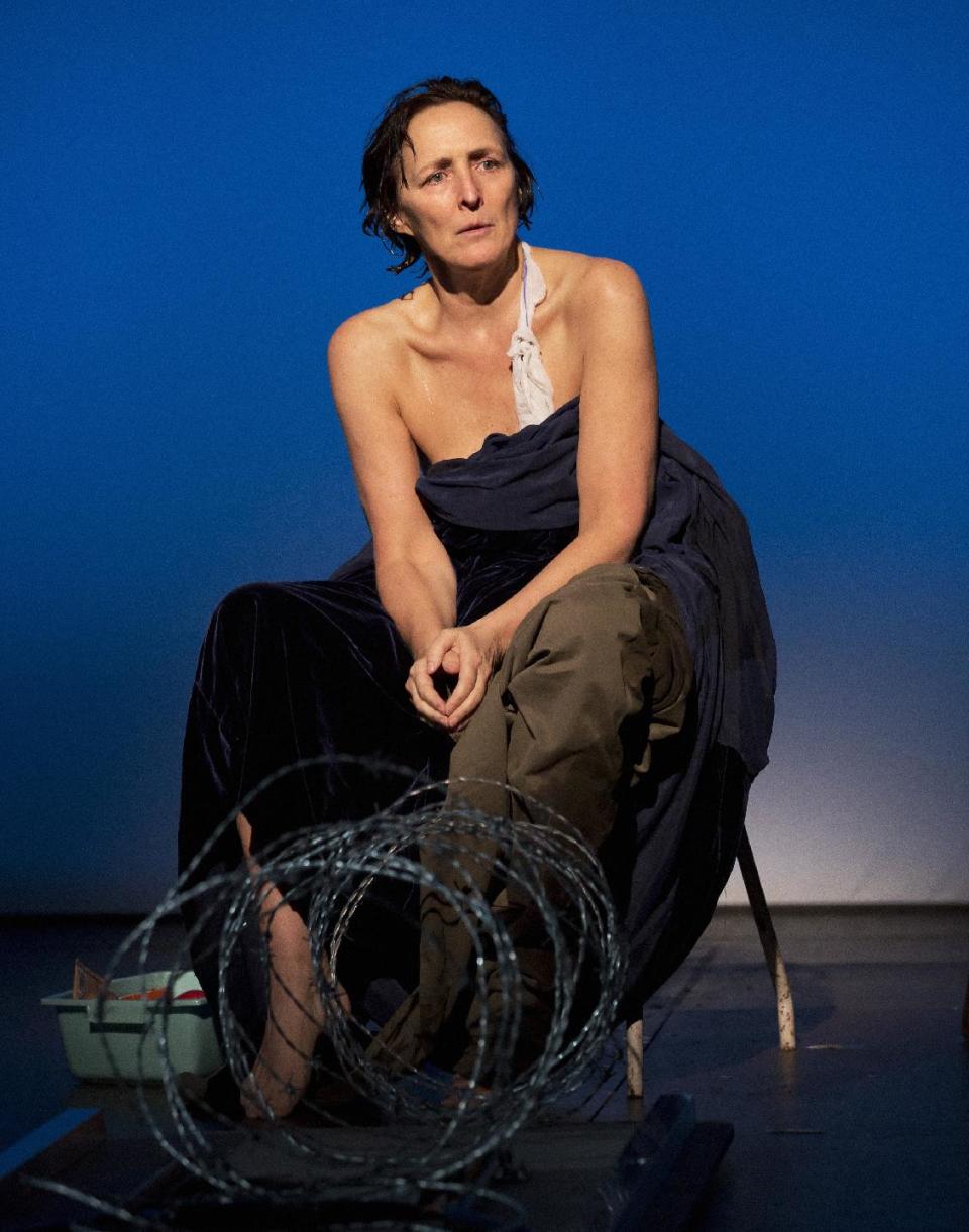 This undated publicity photo provided by Philip Rinaldi Publicity shows Fiona Shaw as Mary in a scene from play, “The Testament of Mary,” by Colm Toibin, which opens Monday, April 22, 2013. The one-woman show directed Deborah Warner is currently playing a limited engagement on Broadway at the Walter Kerr Theatre in New York. (AP Photo/Philip Rinaldi Publicity, Paul Kolnik)