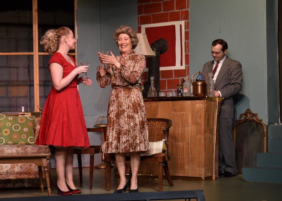 Samantha Meyer, left, Margaret Helbing, center, and Cyrus Foos rehearse a scene from “Barefoot in the Park” at Playmakers Civic Theatre.