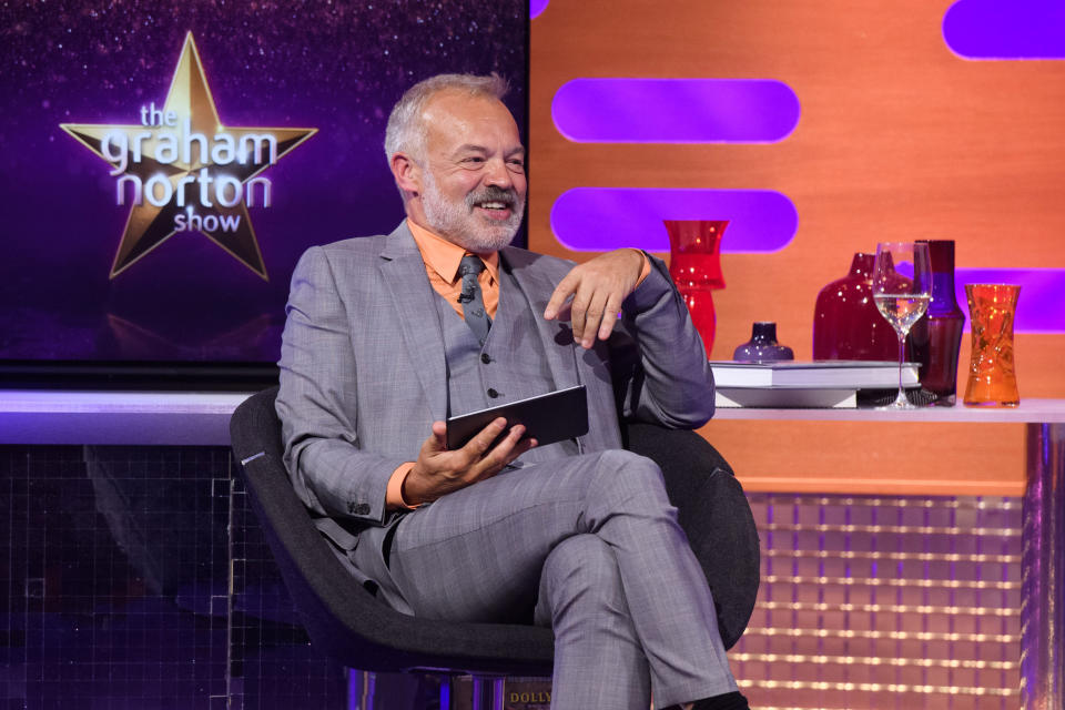 Graham Norton during the filming for the Graham Norton Show at BBC Studioworks 6 Television Centre, Wood Lane, London, to be aired on BBC One on Friday evening. (Photo by Matt Crossick/PA Images via Getty Images)
