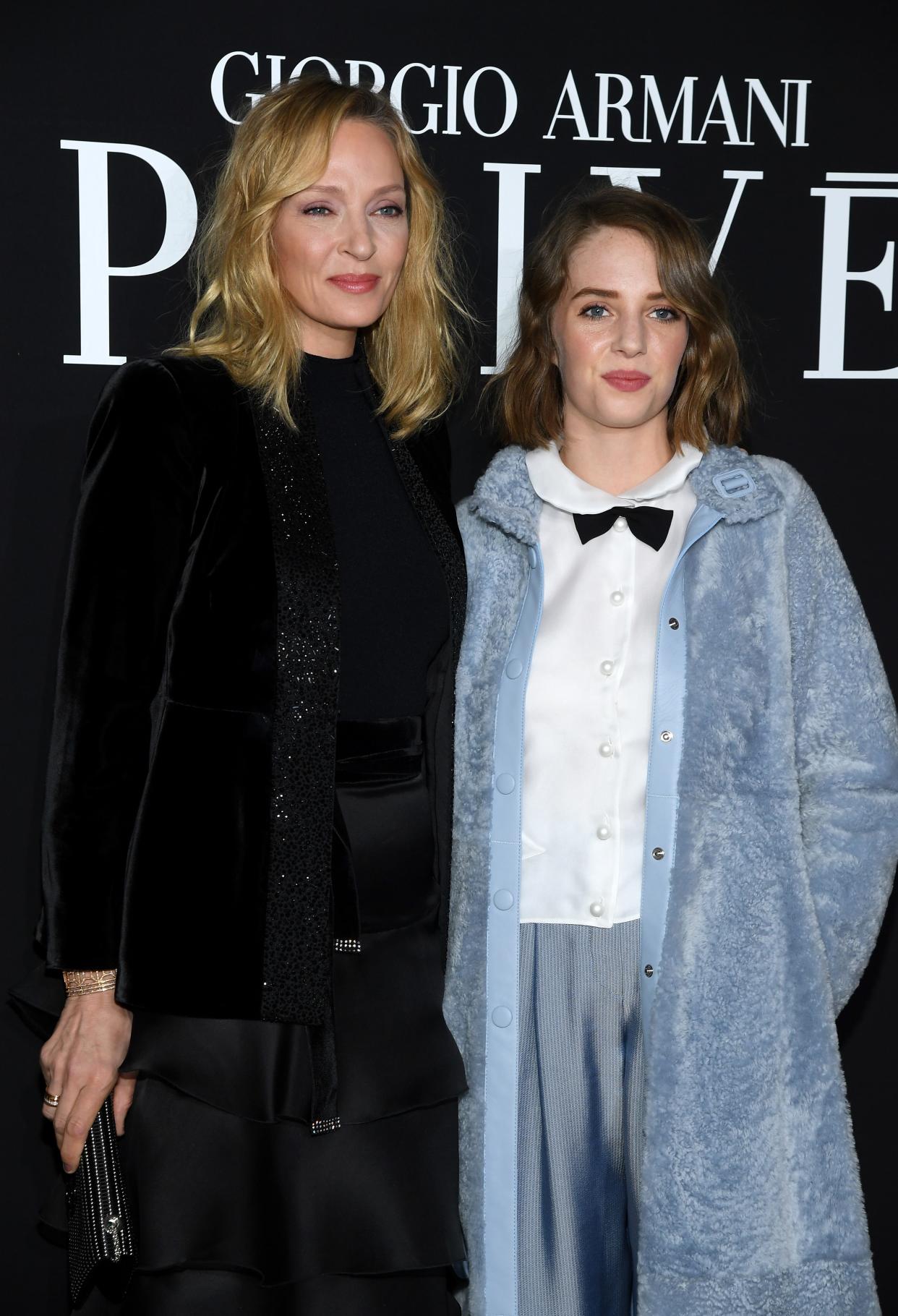 Uma Thurman, left, and daughter Maya Hawke at a Paris Fashion Week event last year.
