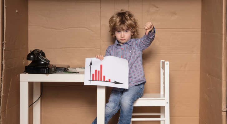 little girl holding a stock chart with athumbs down. stocks to avoid