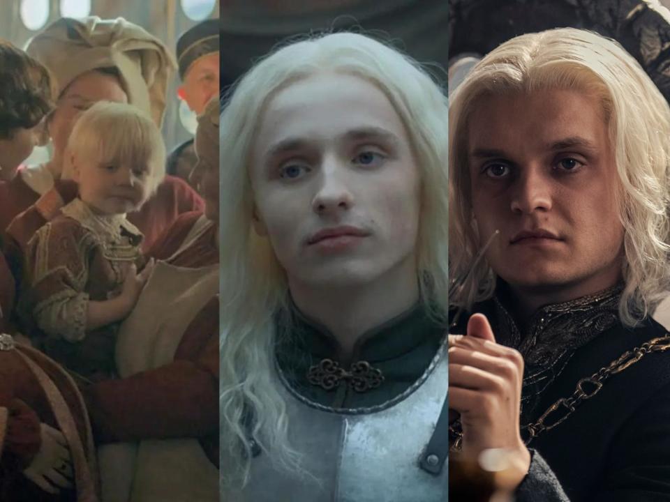 left: aegon II as a baby with white hair; center: aegon as a teenager with long, white hair and armor; right: tom glynn-carney as aegon in season two, with shoulder length white hair