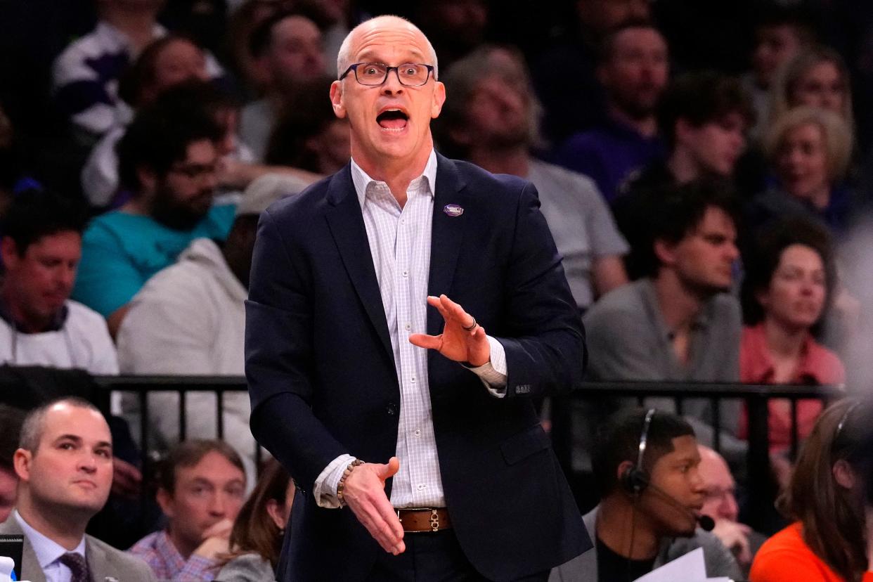 Connecticut coach Dan Hurley reacts during his team's game against Northwestern in the second round of the 2024 NCAA men's tournament at the Barclays Center.